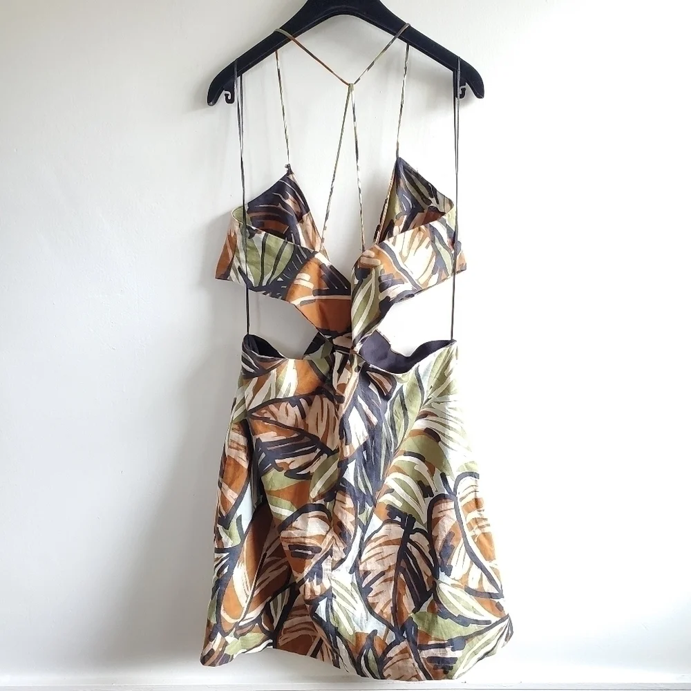 Zara Side Cutouts Spaghetti Straps Tropical Print Linen Mini Dress NWT S…